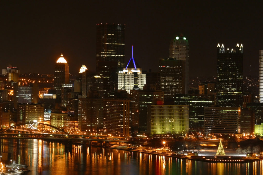 Pittsburgh Cityscape at night with Christmas Tree