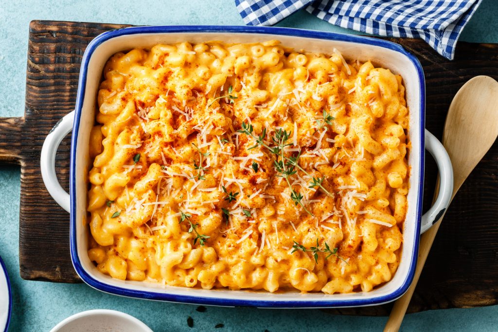 Baked mac and cheese in a dish
