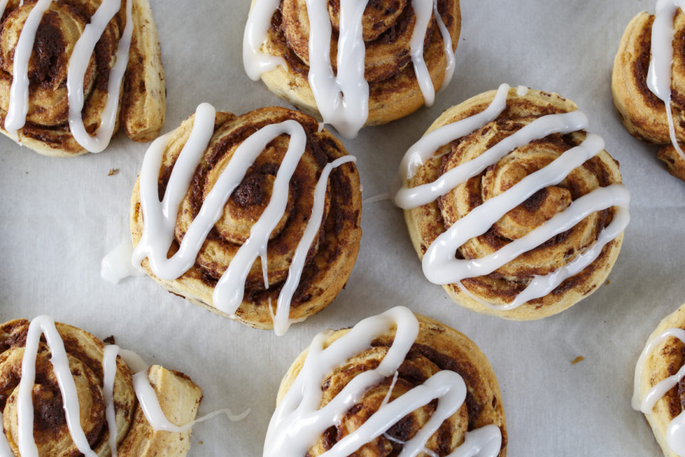 fresh baked cinnamon rolls with icing