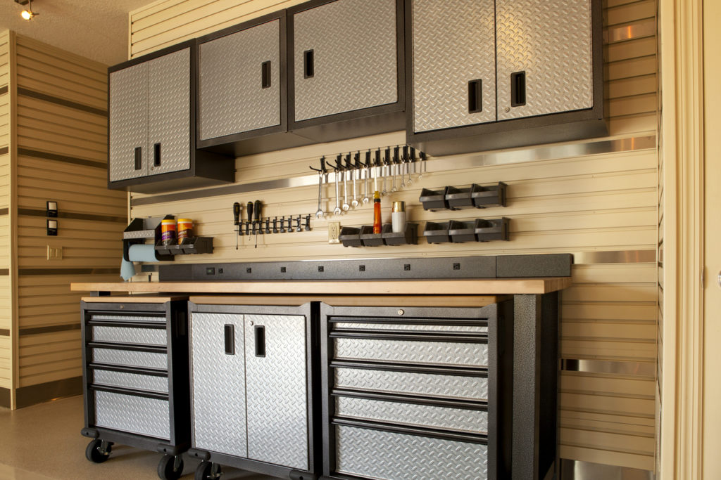 organized garage with workspace and tools